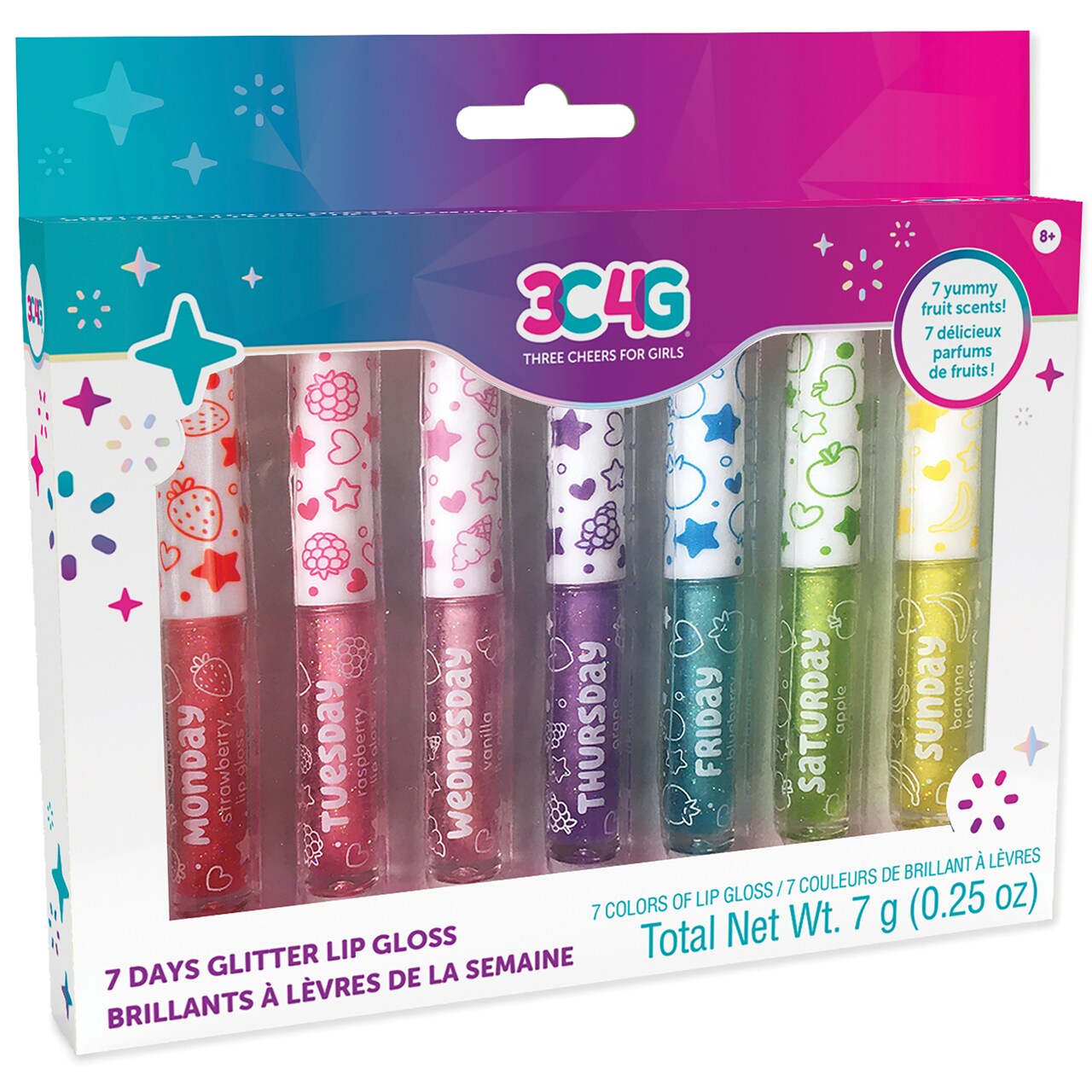 3C4G: 7 Days Glitter Lip Gloss - 7 Piece Wand Fruit Flavored Set, Make It Real, A Color & Tasty Flavor For Every Day (Strawberry, Raspberry, Vanilla, Grape, Blueberry, Apple, Banana), Tweens & Girls, Three Cheers For Girls, Kids Ages 8+